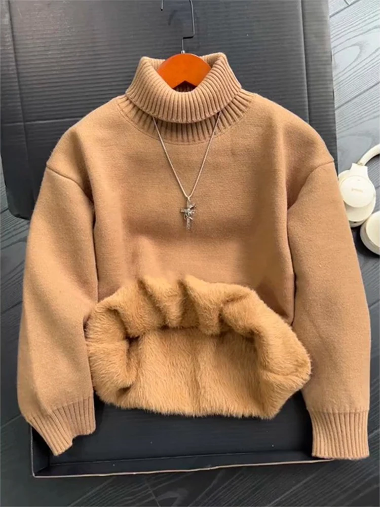 

Thiened Fce High Collar Men's Knitted Sweater Autumn Winter Warm Inner Wear Casual Loose Fit Long Sve Color