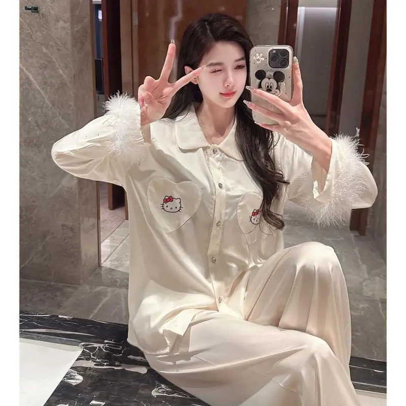 

Горячая пижама Sanrio Girl Sexy Ice Silk для отдыха, костюм Kawaii Hello Kitty, аниме, модная весенне-осенняя одежда для отдыха с длинными рукавами