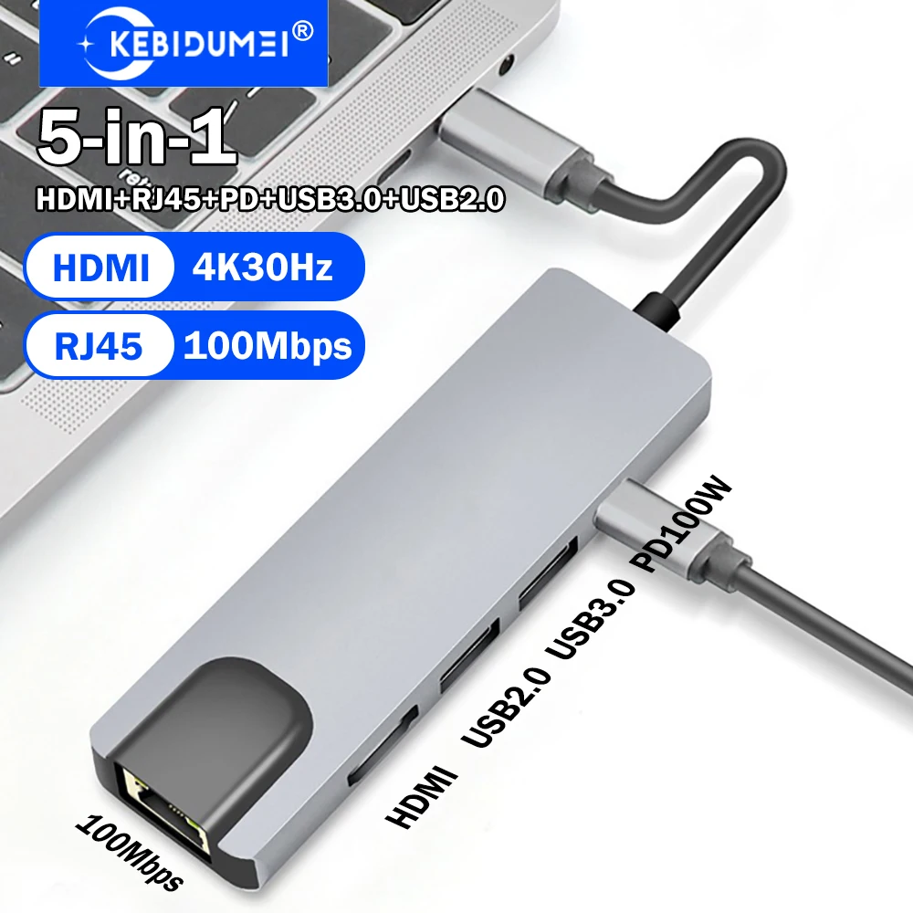 

KEBIDUMEI 5-in-1 USB C HUB USB C Docking Station TYPE-C to HDMI/RJ45 Adapter USB 3.0 5Gbps High Speed USB Splitter For PC Laptop