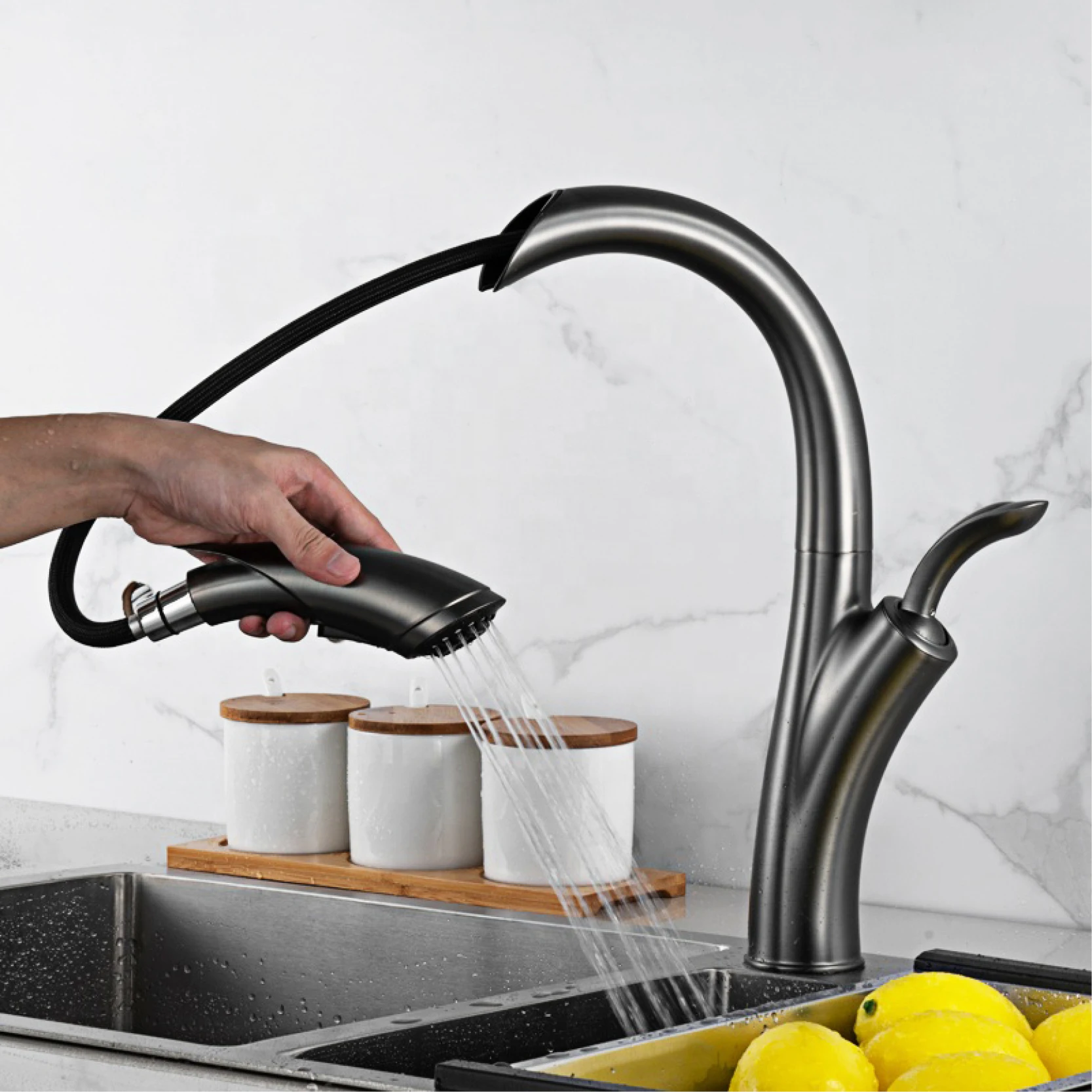 Luxury brass gun gray kitchen faucet pull-out design single handle hot and cold water touch mode 2 functions modern sink faucet