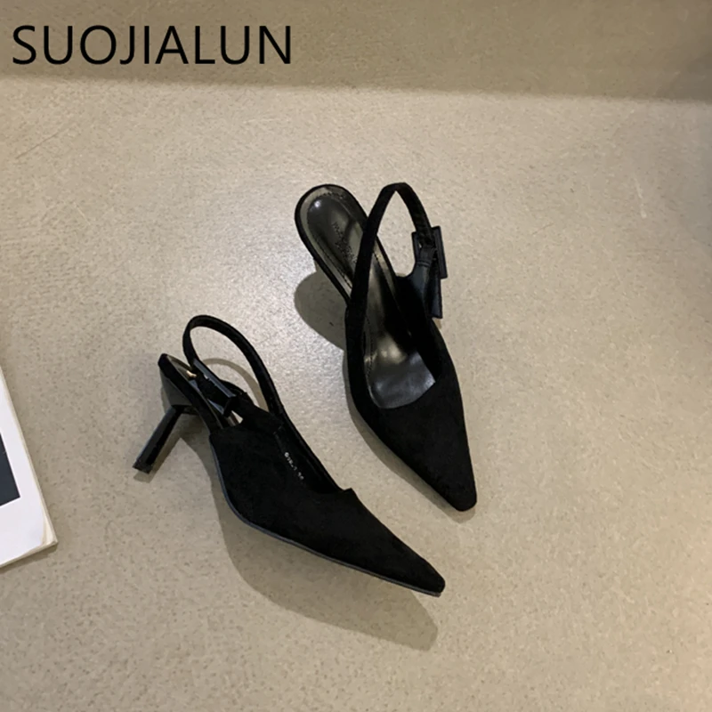 SUOJIALUN Spring New Brand Women Sandal Fashion Pointed Toe Shallow Ladies Elegant Slingback Shoes Thin High Heel Dress Pumps Sh