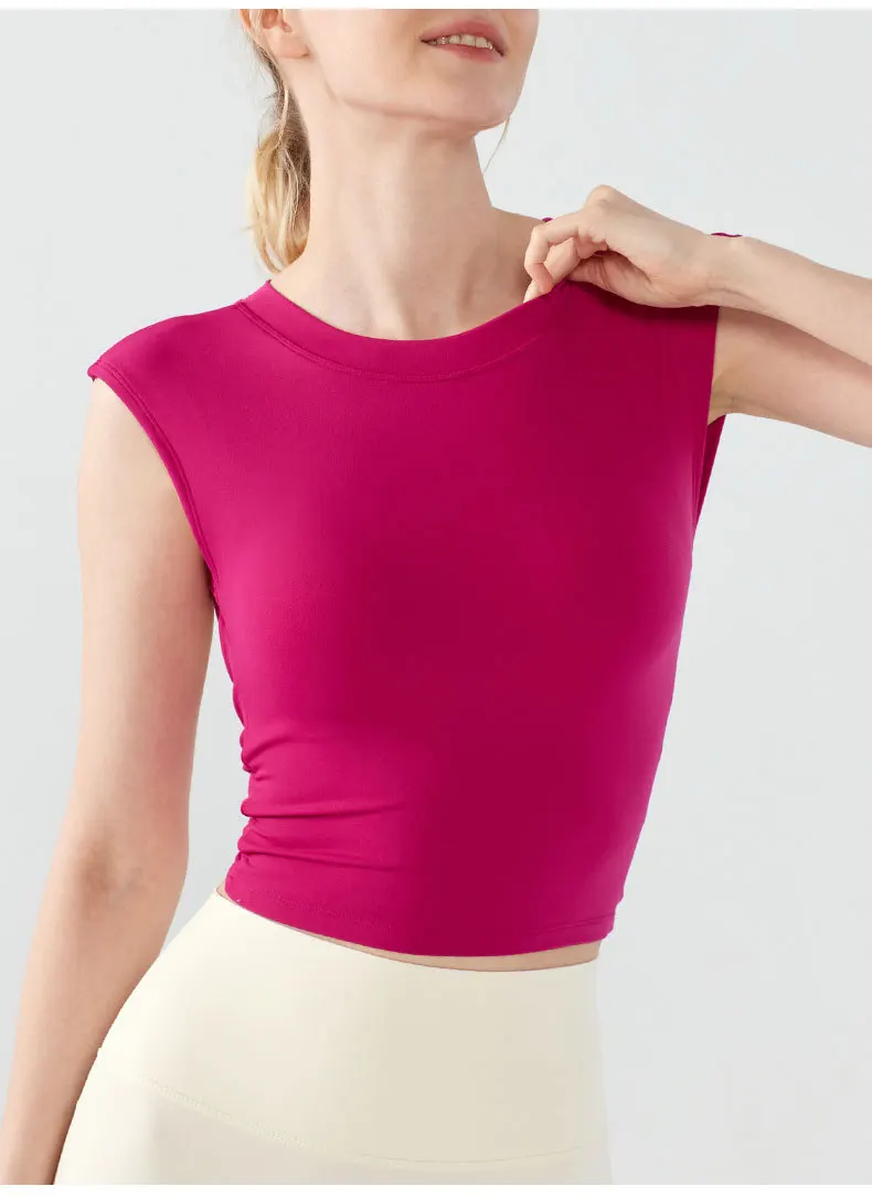 Sport-T-Shirt für Damen im Sommer, kurz, sexy, rückenfrei, integrierter Yoga-Anzug, Weste, zum Laufen, ärmelloser Fitness-Anzug – Detail 20