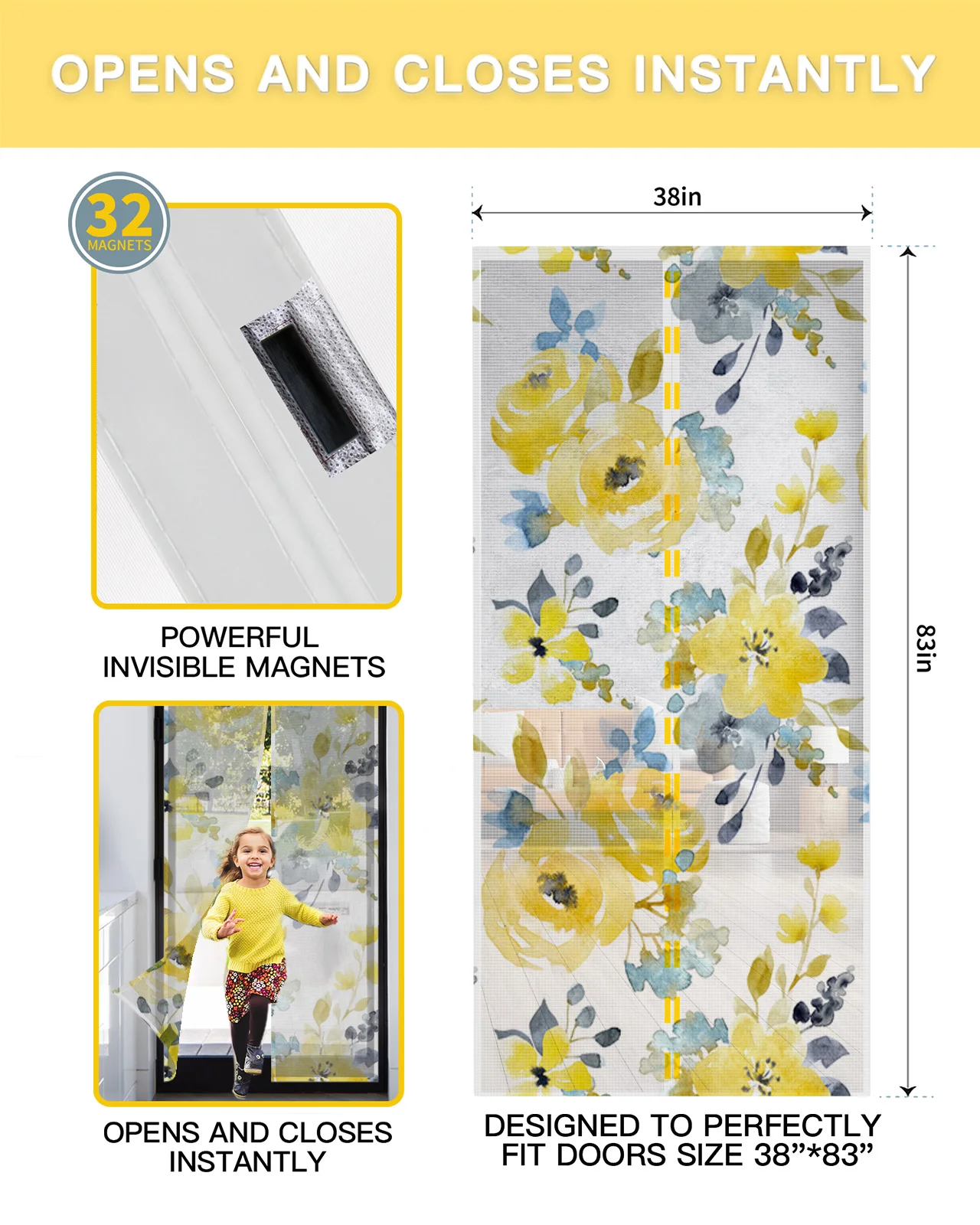 Watercolor Yellow Abstract Flower Magnetic Door Curtain Living Room Bedroom Home Anti-mosquito Screen Door Curtain