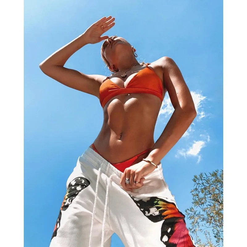 Krisnanas Hip Hop Style Butterfly Printed Pants for Woman 2025 Autumn Winter Loose Commuting Elastic Waist Trousers  58924