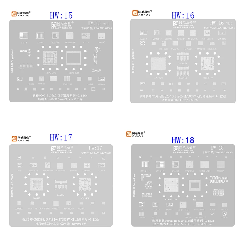 Amaoe HW15-18 BGA Reballing Stencil For Huawei Mate 60 Pro RS X5 Nova9SE Hi36A0 Honor X30 X30i X40 50 50SE SM7325 MT6877 CPU RAM