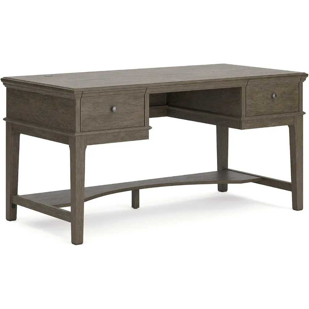 Traditional Home Office Storage Leg Desk with 2 Drawers and USB Charging Ports in Weathered Gray Engineered Wood