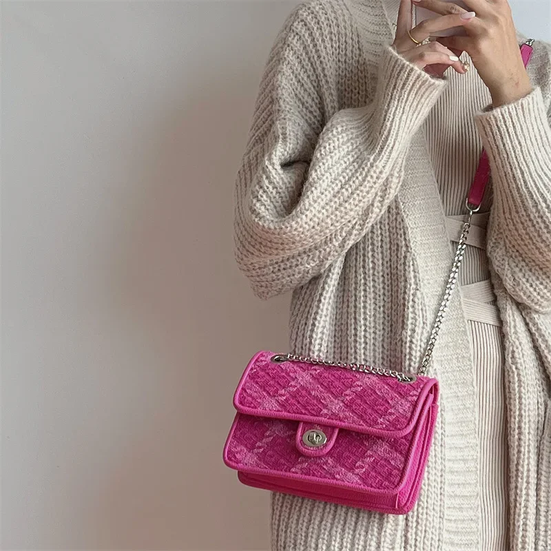 Rose Pink Women Lock Shoulder Bags Luxury Plaid Ladies Small Square Crossbody Bag Fashion Design Female Clutch Purse Handbags