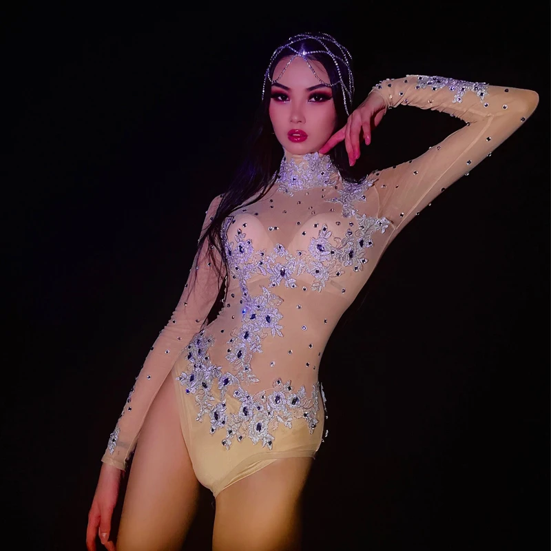 

Sparkling Rhinestone High Cut Bodysuit Sexy Diamond Leotard Gogo Dance Costume Festival Outfit Women Pole Dance Clubwear XS4329