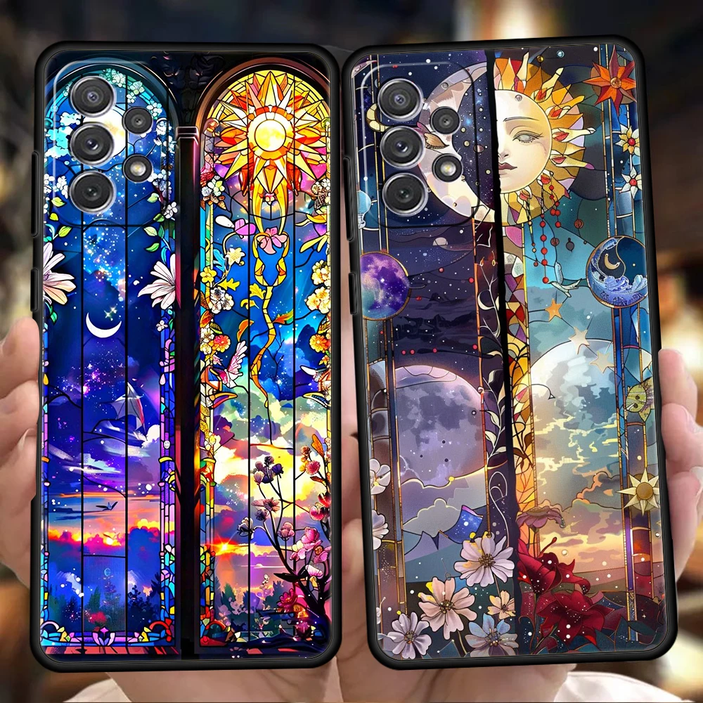 Phone Case for Samsung Galaxy A55 A53 A52 A52S A51 A41 A35 A32 A25 A23 A15 A13 A71 A72 Soft TPU Beautiful Sun Moon Glass Pattern