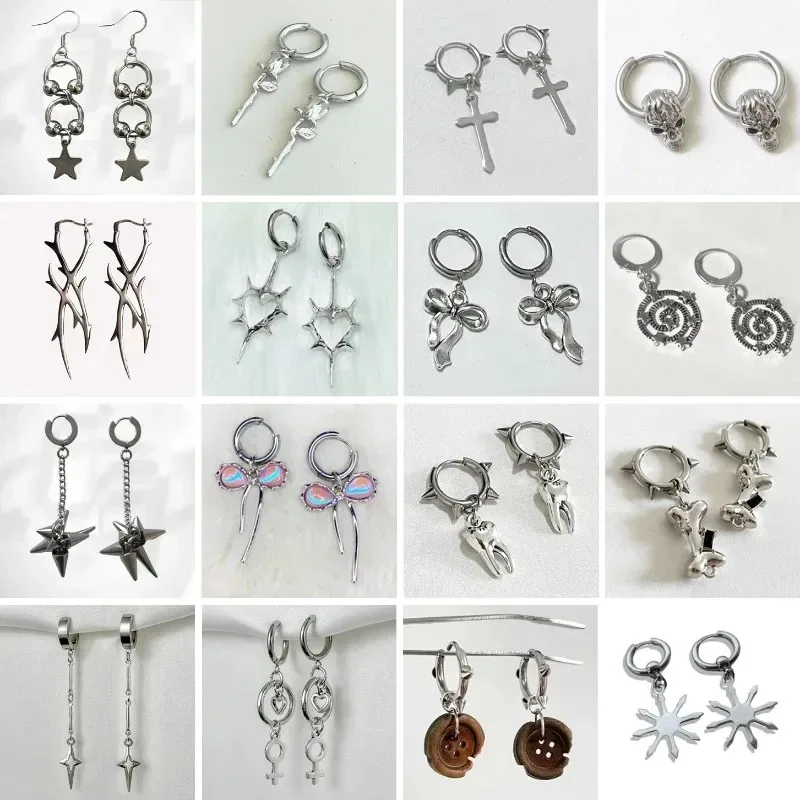 Y2k Gothic Hottie Stainless Steel Rivets Hoop Earrings Women Hip Hop Punk Teeth Heart Bow Star Dangle Earrings Party Jewelry