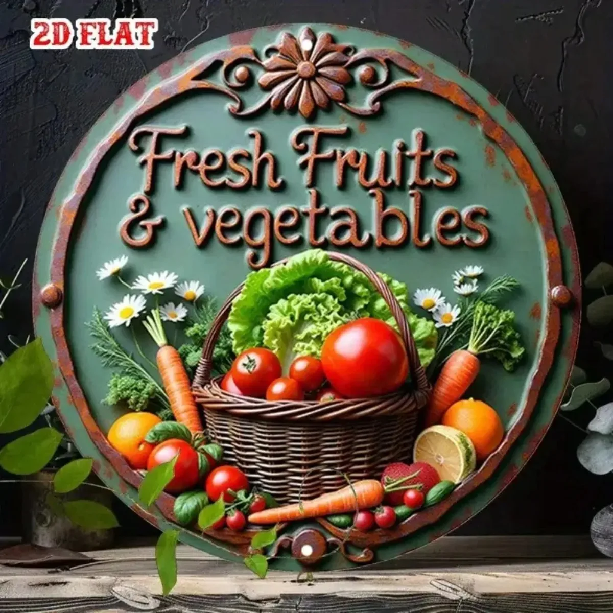 Vintage Metal Wall Sign Farm Fruits & Veggies Basket 2D Flat Decor Kitchen Home Gift