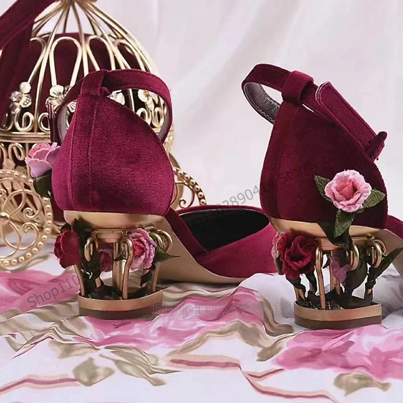 

Burgandy Corduroy Metal Birdcage Heel Pumps Ankle Buckle Strap Women Shoes Strange Style Heels Fashion 2025 Zapatos Para Mujere