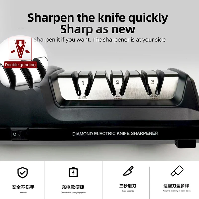 

Sleek Black 3-Stage Knife Sharpener - Coarse To Polish, Fast & Safe, EU Plug, Compact for Home/Office/Outdoor