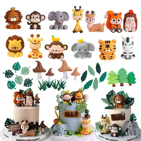 Safari Animal Cake Toppers Set - Lion, Elephant, Giraffe for Jungle Theme 1st Birthday, Baby Shower, Kids Party Decoration