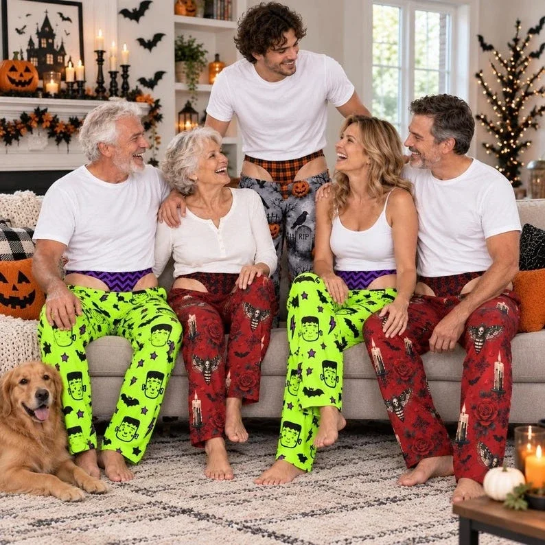 Men Women Funny Halloween Pajama Pants Frankenstein Grave Bat Print Fake Thong Cutout Wide Leg Trousers Halloween Party Prank