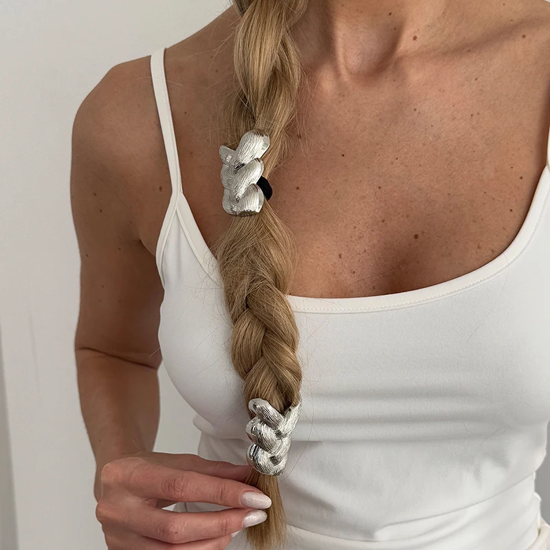 2Pcs Women Hair Ties Punk Metal Braid Shaped Elastic Headband Hair Rope Rubber Band Scrunchies Ponytail Hair Accessories