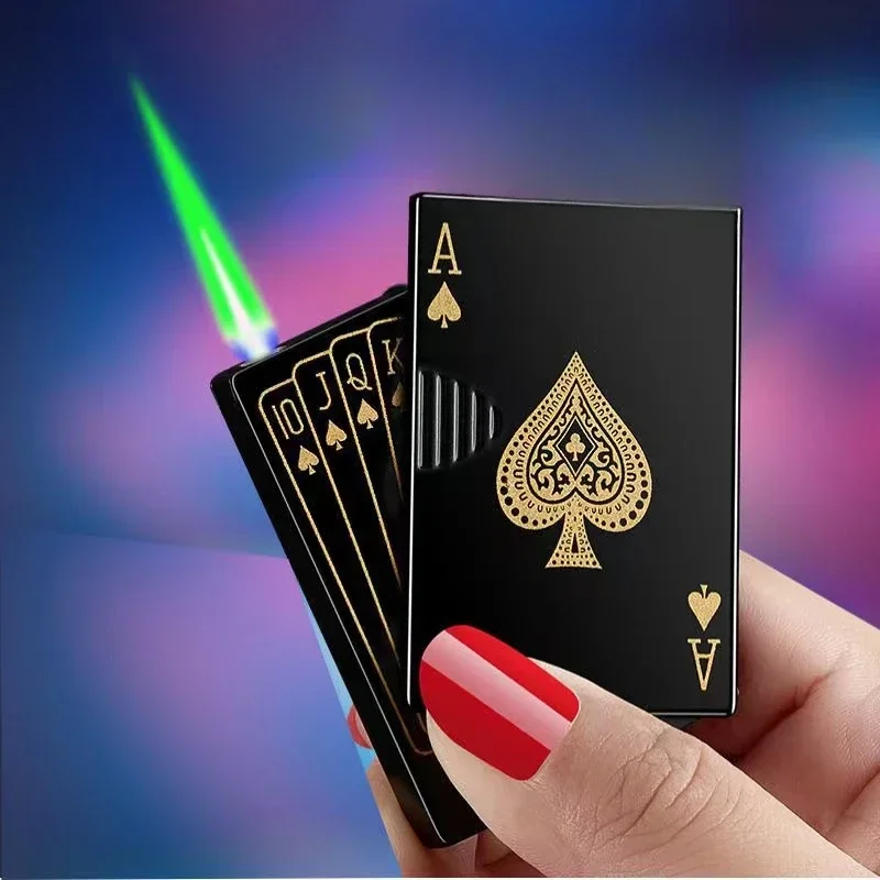 Dropshipping Creative Jet Torch Green Flame Pocket Lighter Metal Windproof Playing Card Lighter Funny Toy Smoking Accessories