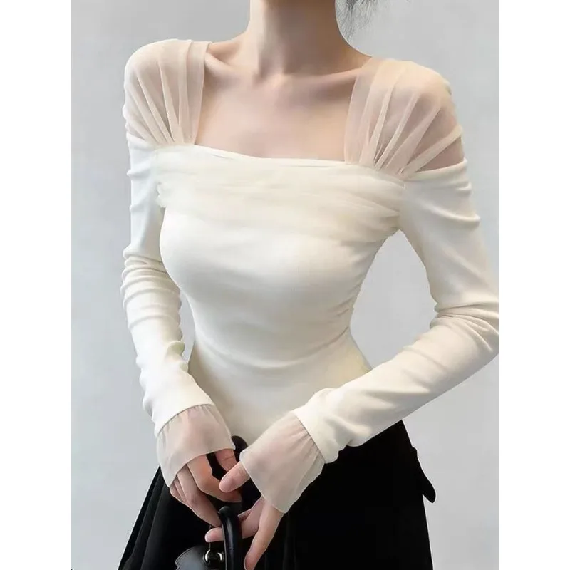 

Blouse T-shirt Women's Spring Square Neckline Mesh Patchwork Fitted Silhouette Long Sleeves Stylish Youthful Undershirt Niche