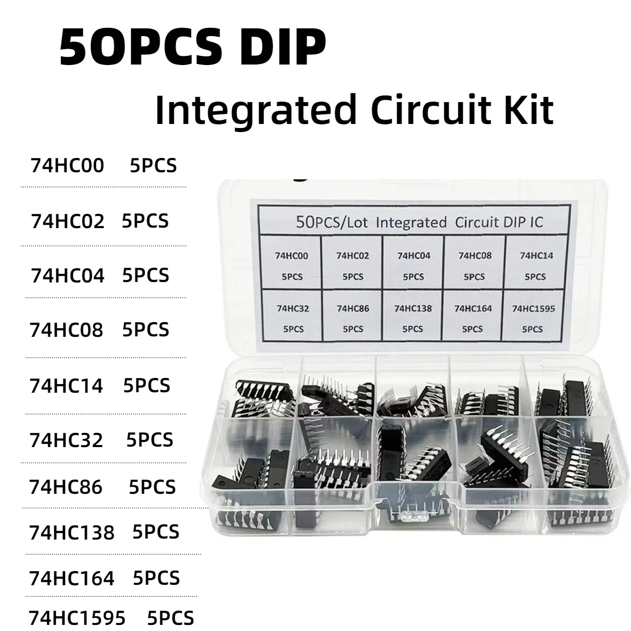 50PCS 74HC Series DIP Logic IC Assortment Kit, 10 Models 74HC00 74HC02 74HC04 74HC08 74HC14 74HC32 74HC86 74HC138 74HC164 74HC59