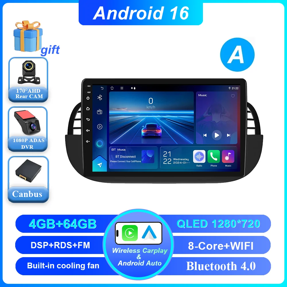 Auto DVD Android 16 Radio Stereo voor Fiat 500 2007-2015 Auto Multimedia Speler GPS Navigatie Hoofdunit Hoge-Prestatie CPU WIFI