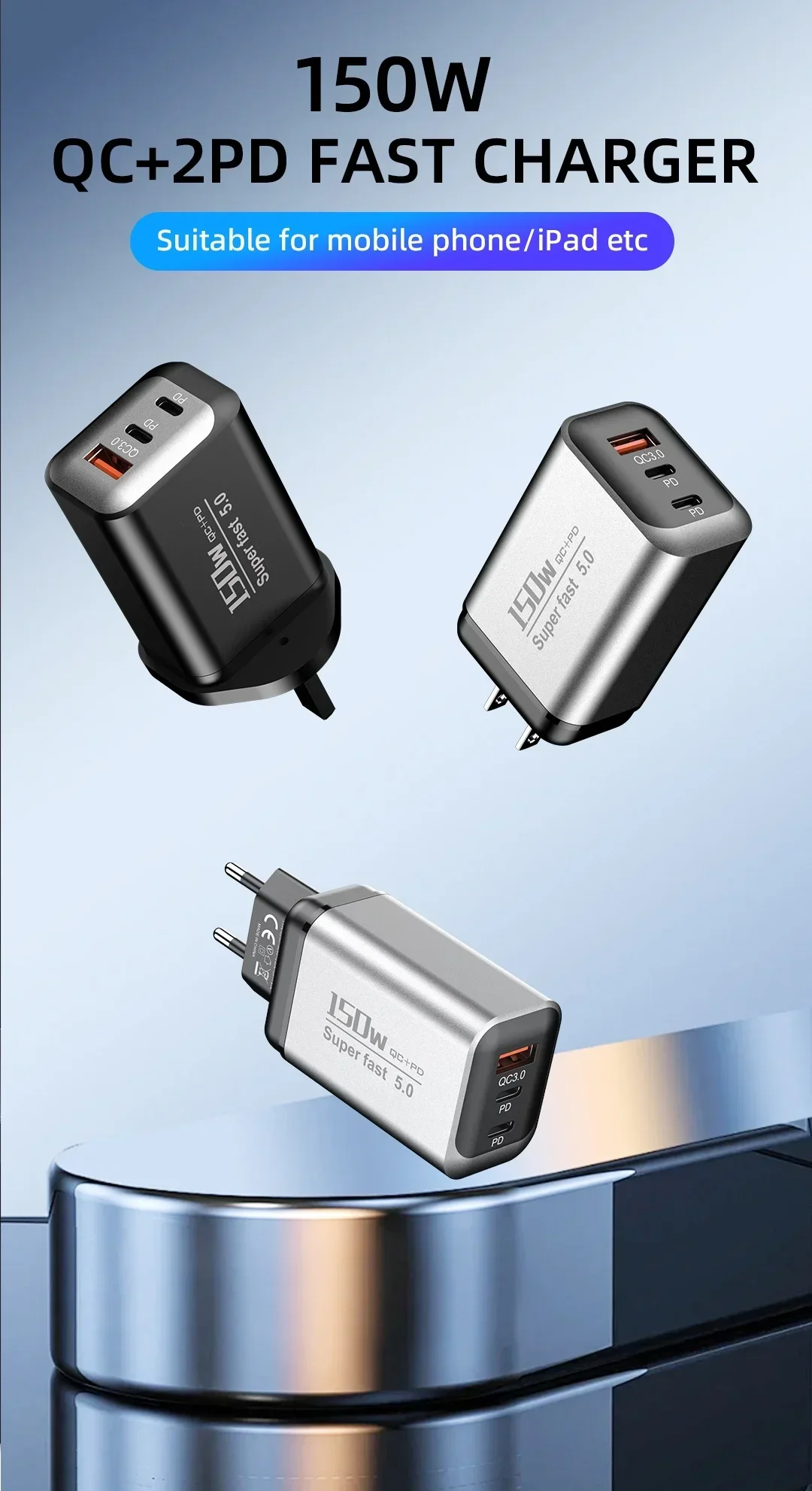 150W Schnelllade-USB-Typ-C-Ladegerät QC3.0 Handy-Ladegerät USB-Reiseadapter für iPhone 17 Samsung Xiaomi EU/UK/US-Stecker – Detail 1
