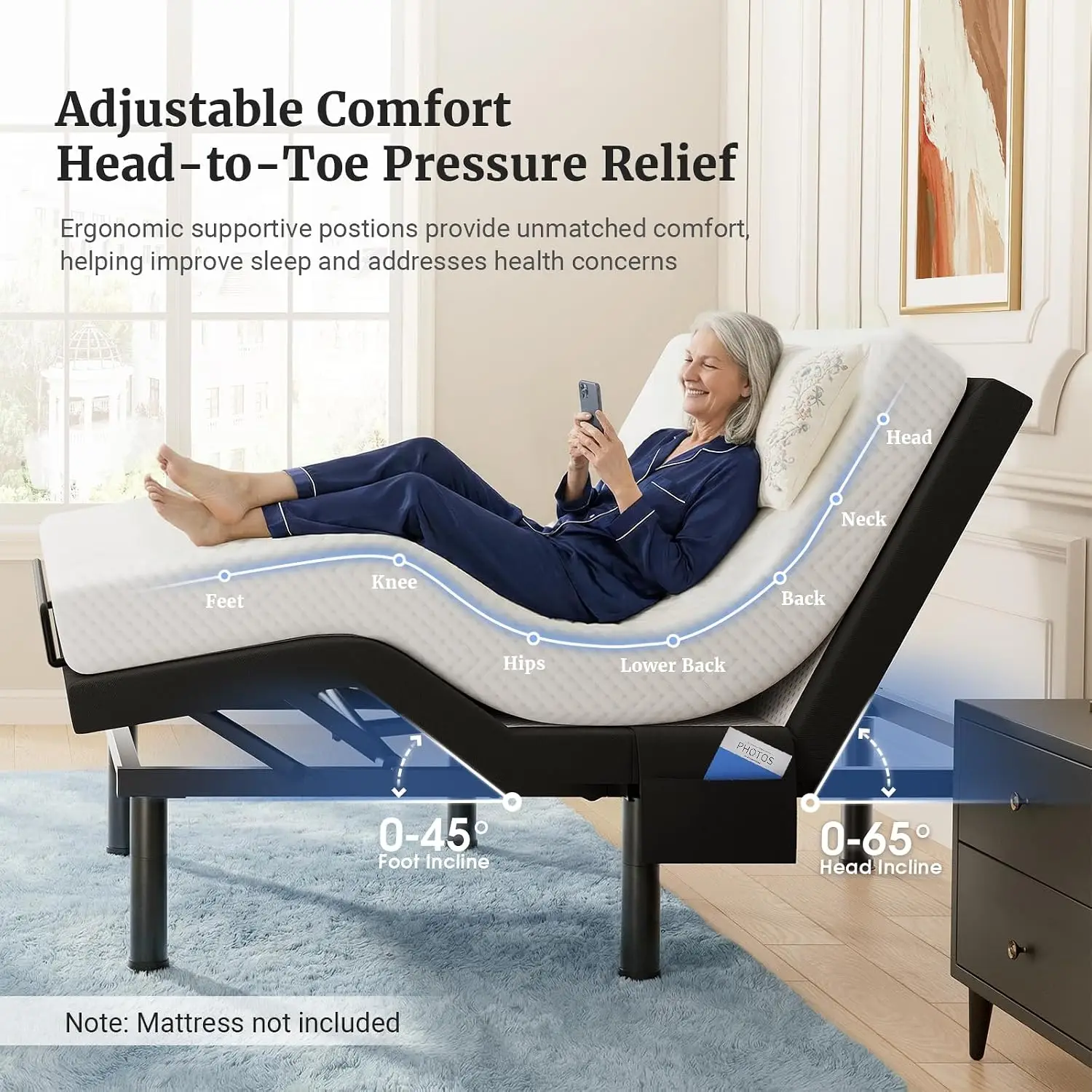 Adjustable Bed Base with Massage, Split King Frame with Head & Foot Incline, Zero Gravity, Nightlight, Quiet Motor, USB, Pocket