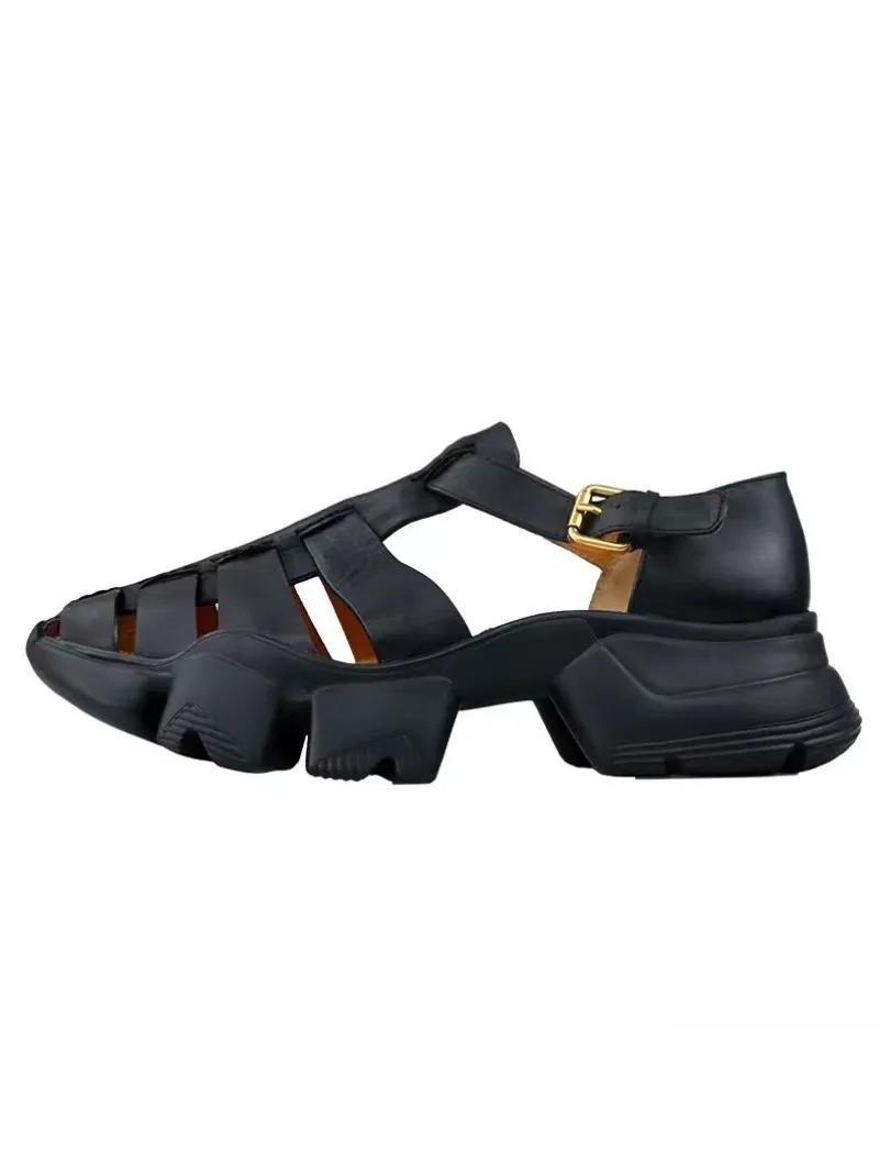 Genuine Leather Gladiator Sandal Men Buckle Strap Thick Bottom Hollow Out Breathable Summer Sandals Mens Casual Shoes Size 37-45