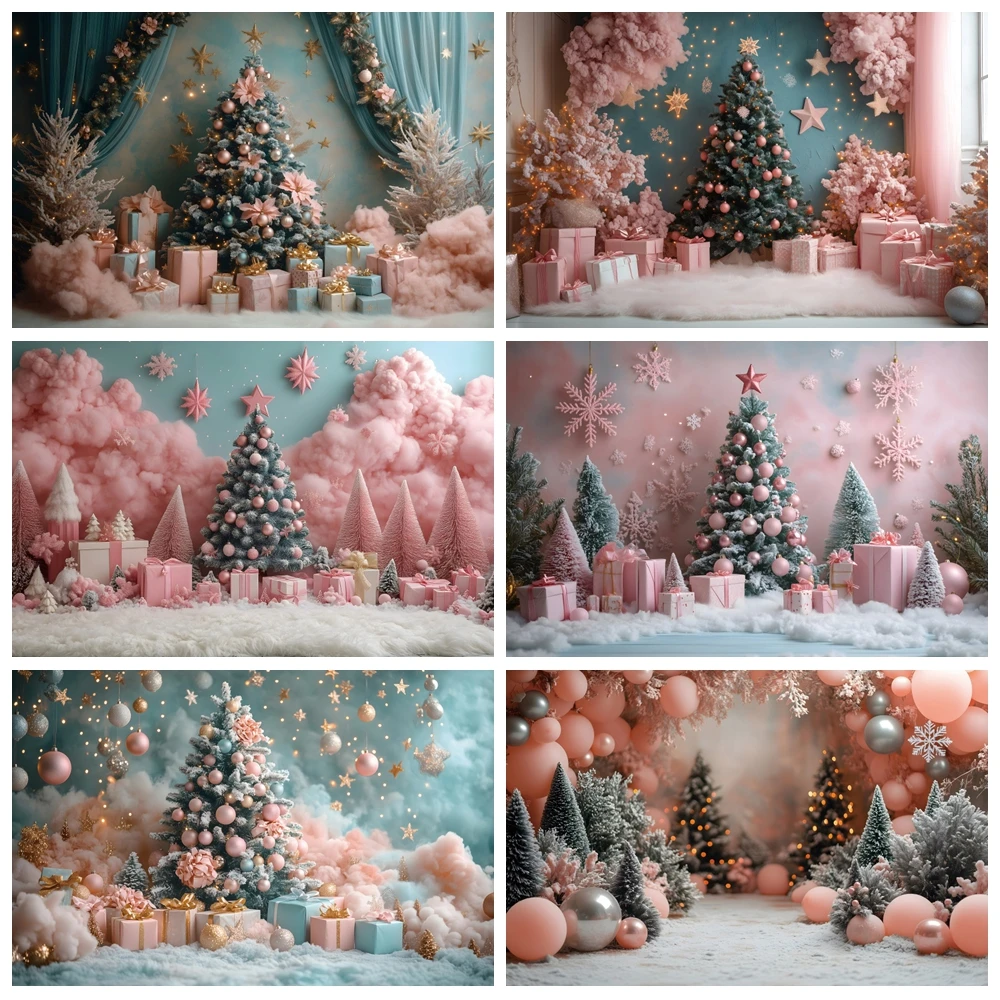 

Pink Christmas Decorations Backdrop Winter Snowflake Xmas Tree Ball Gifts Bells Kid Family Party Photography Background Decor