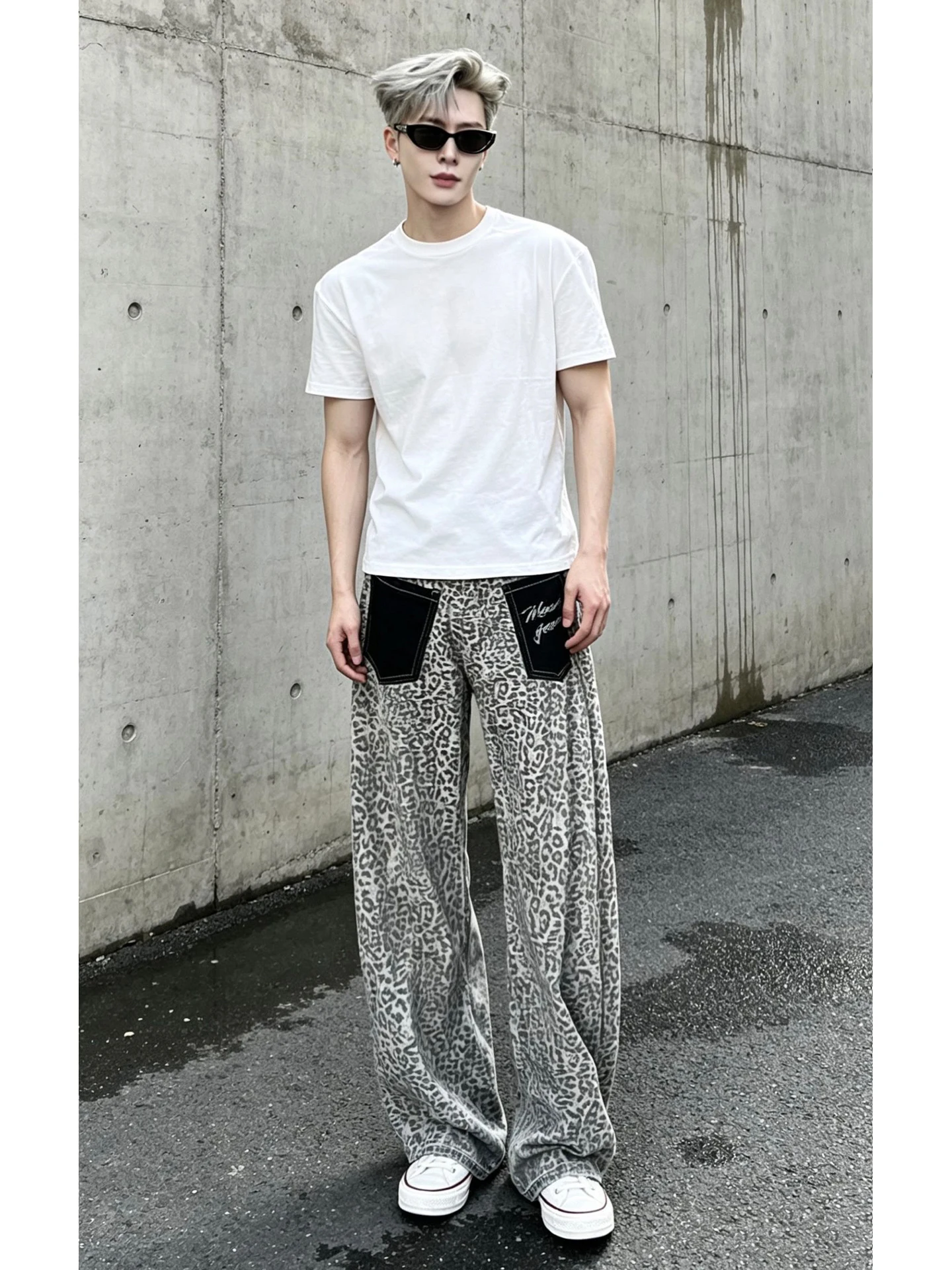 Retro American Leopard Print Wide Leg Jeans Men's Trendy High Street Patchwork Loose Casual Pants Youth Popular Daily Wear