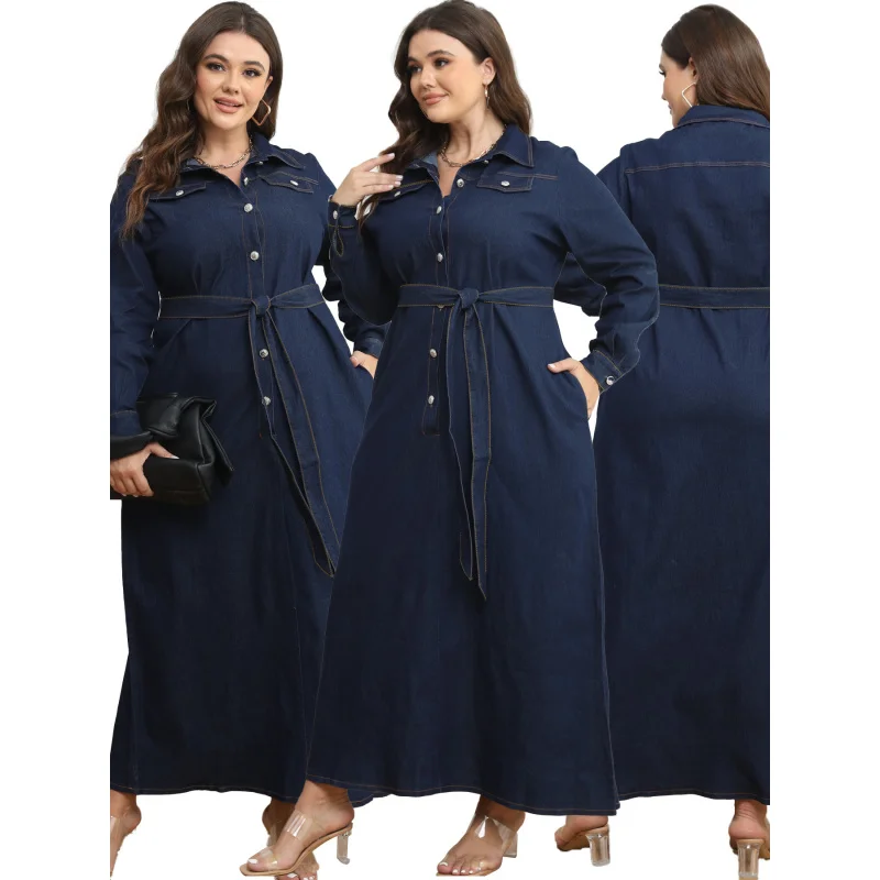 

New Style European American Plus Size Winter Women's with Collar and Open Front Washed Dress