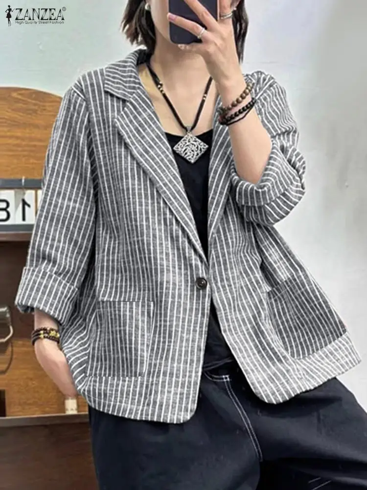 2025 ZANZEA Giacca Sportiva Autunno da Donna Abiti Vintage Risvolto Collo Cappotto a Righe Giacche Manica Lunga Top Casual Button Down Sottile Outwear
