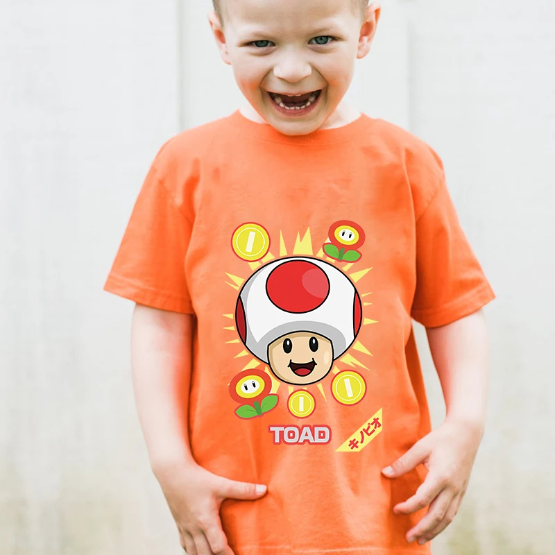 

Футболка детская с принтом Марио, хлопок, короткий рукав, подходит для мальчиков и девочек, оранжевый Повседневный Топ, лето