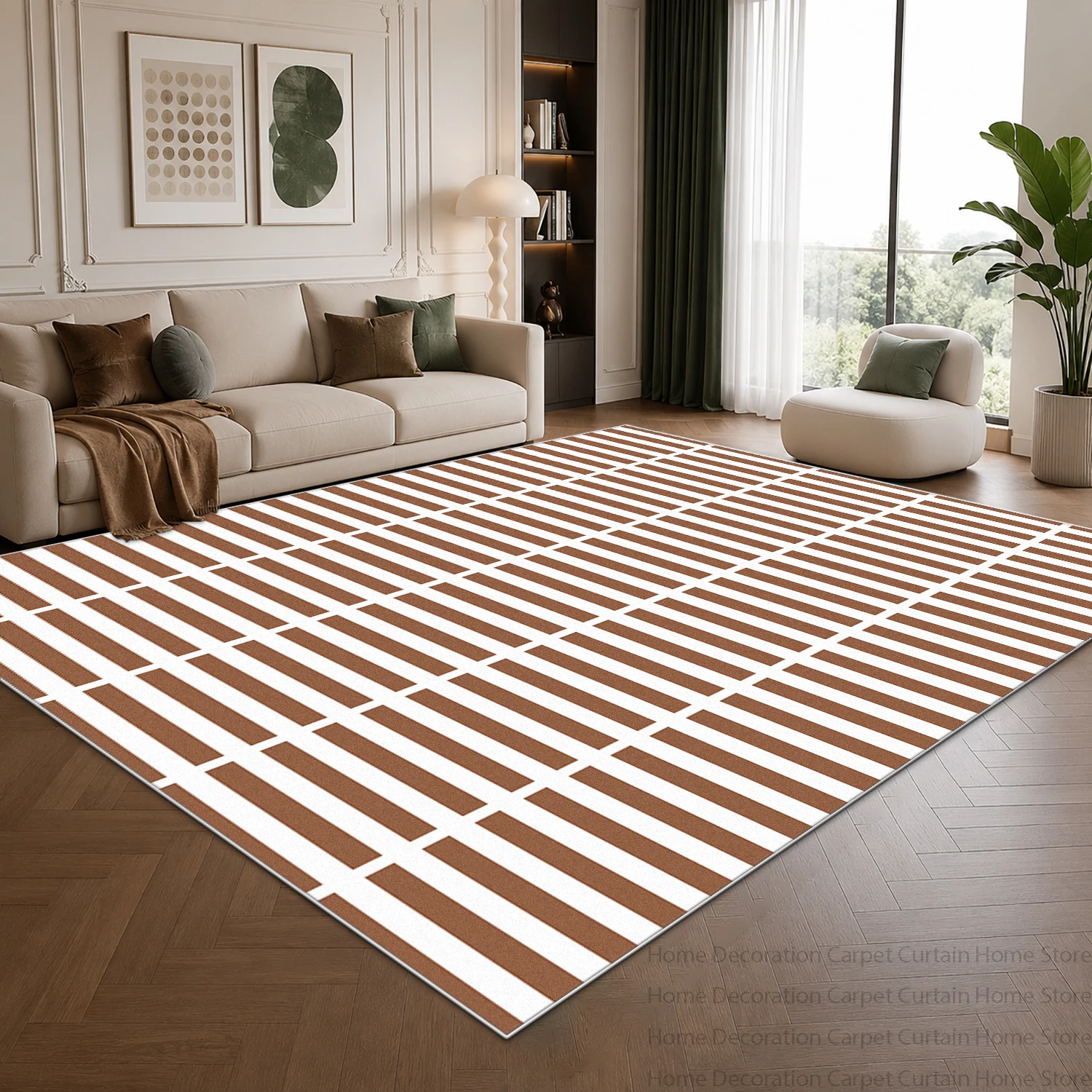 Minimalism Neutral Tone Linear Grid Large Carpet for Living Room Modern Home Decoration Soft Rugs Non-slip Washable Bedroom Mats