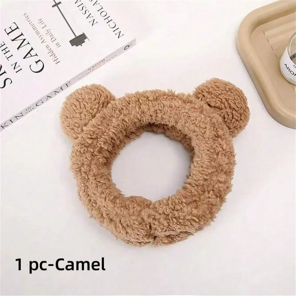 

Пушистая повязка на голову с ушками медведя для умывания, нанесения масок и укладки волос