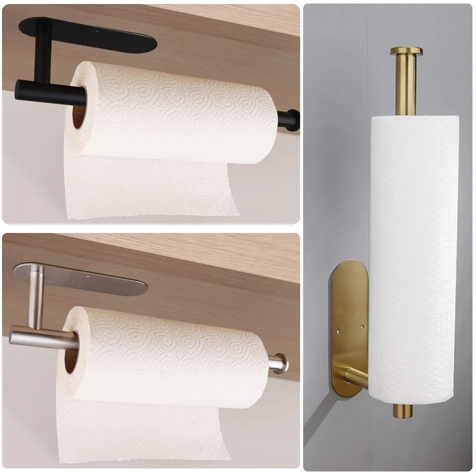 Adhesive Paper Holder Brushed Gold  304 Stainless Steel Black WC Paper Towel Roll Holder Bathroom Kitchen Tissue Shelf Free Nail