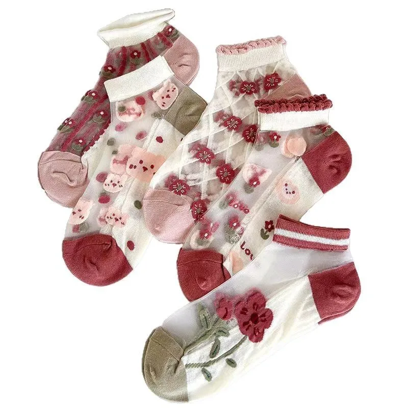 5 Paia di Calzini Estivi Corti in Cotone con Cristalli, Calze in Seta Trasparente con Fiori Ricamati, Traspiranti e Anti-Graffio per Donna