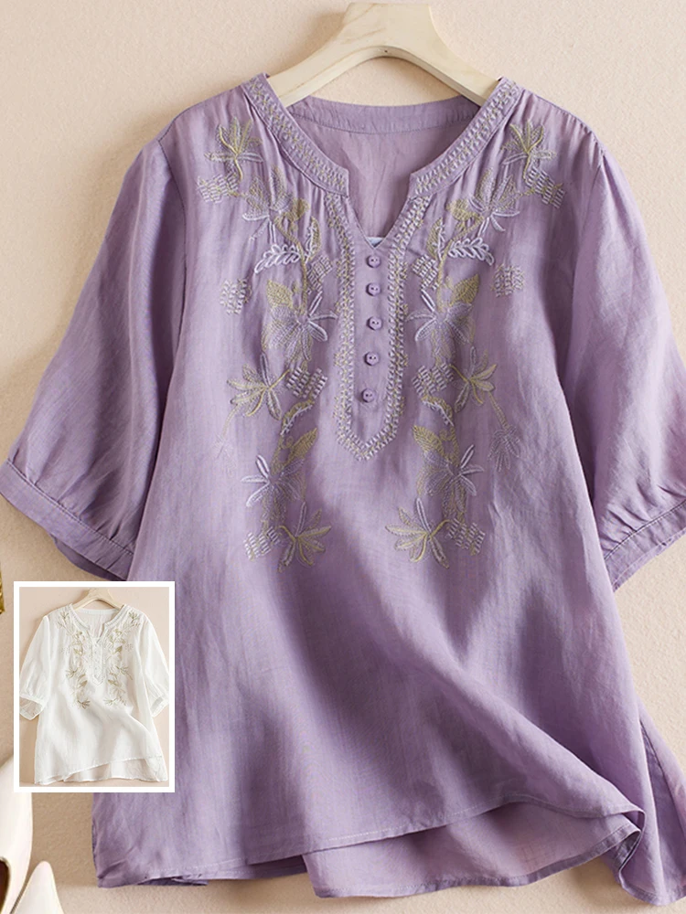 레트로 예술적 코튼 린넨 자수 루즈 캐주얼 탑 얇은 브이넥 통기성 여성 여름 패션