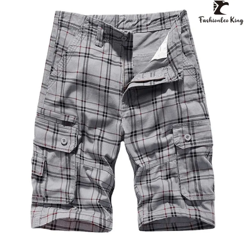 

Summer Fashion Men's Cargo Shorts Male Plaid Cotton Multiple Pockets Shorts Pants