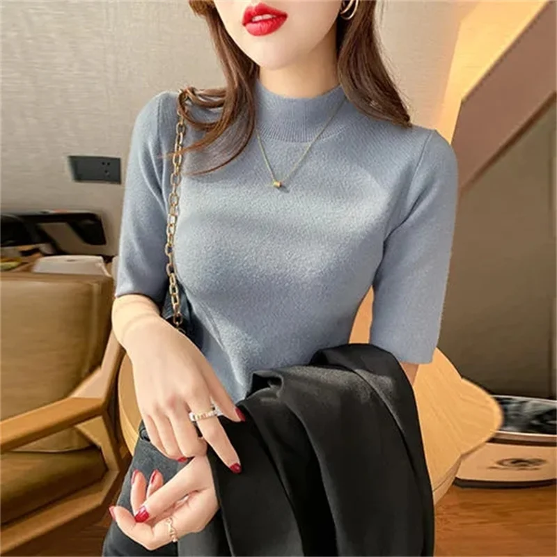 2024 Spring Summer Womens Sweater Short Sleeve Turtleneck Slim Fit Knitted Pullovers Bottoming Casual Knitwear Camel Clothes