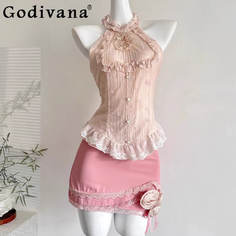 

Female Lolita Style Outfits French Sweet Lace Halter Neck Strap Top and Skirt Suit for Women Japanese Cute Pink Skirt Set