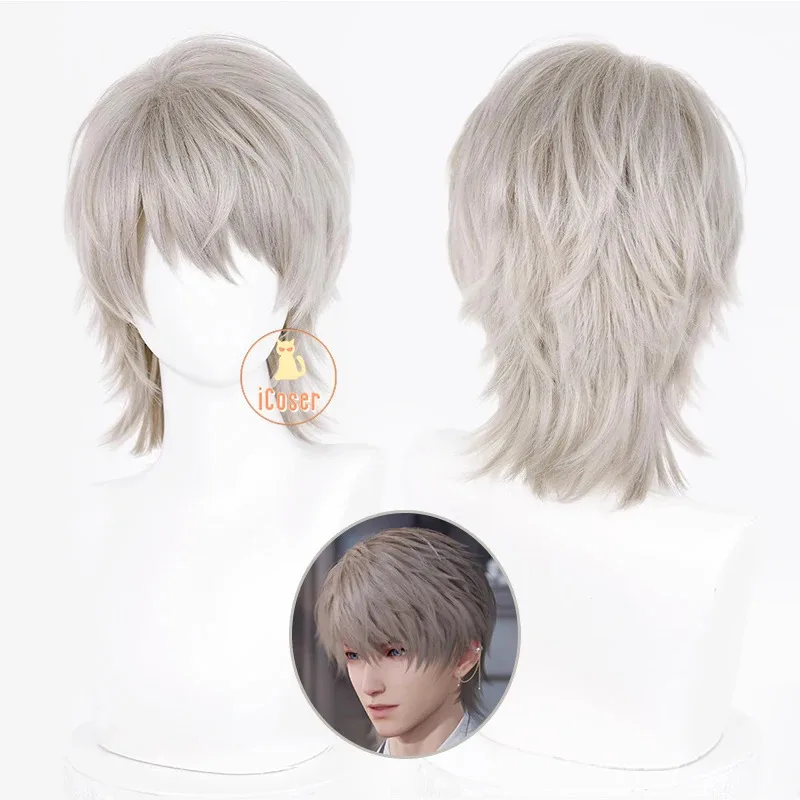 Peluca de Cosplay Love and Deepspace Xavier, pelo gris claro, luz de luna brillante, fiesta de Halloween para mujeres y hombres, accesorios de juego de Carnaval