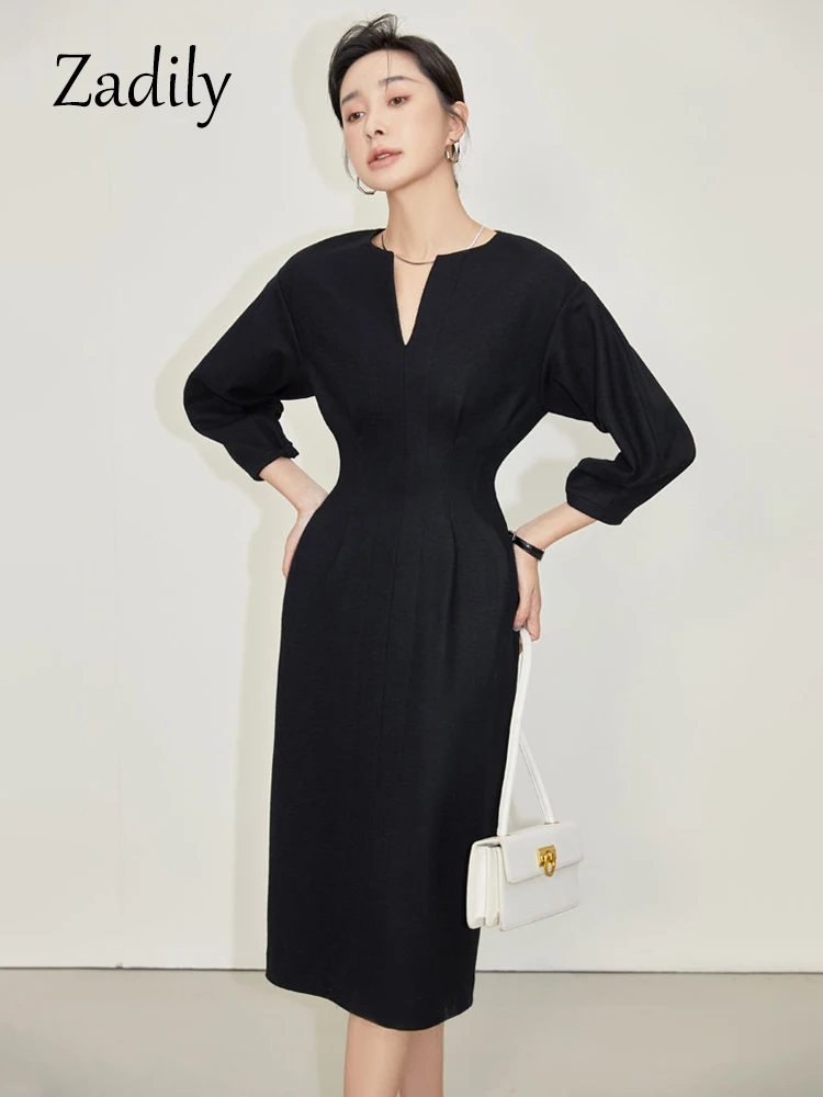 Zadily 2023 Autumn Office Lady Three Quarter Sleeve Women Black Mid Dress Elegant Pocket Loose Empire V Neck Work Ladies Dresses