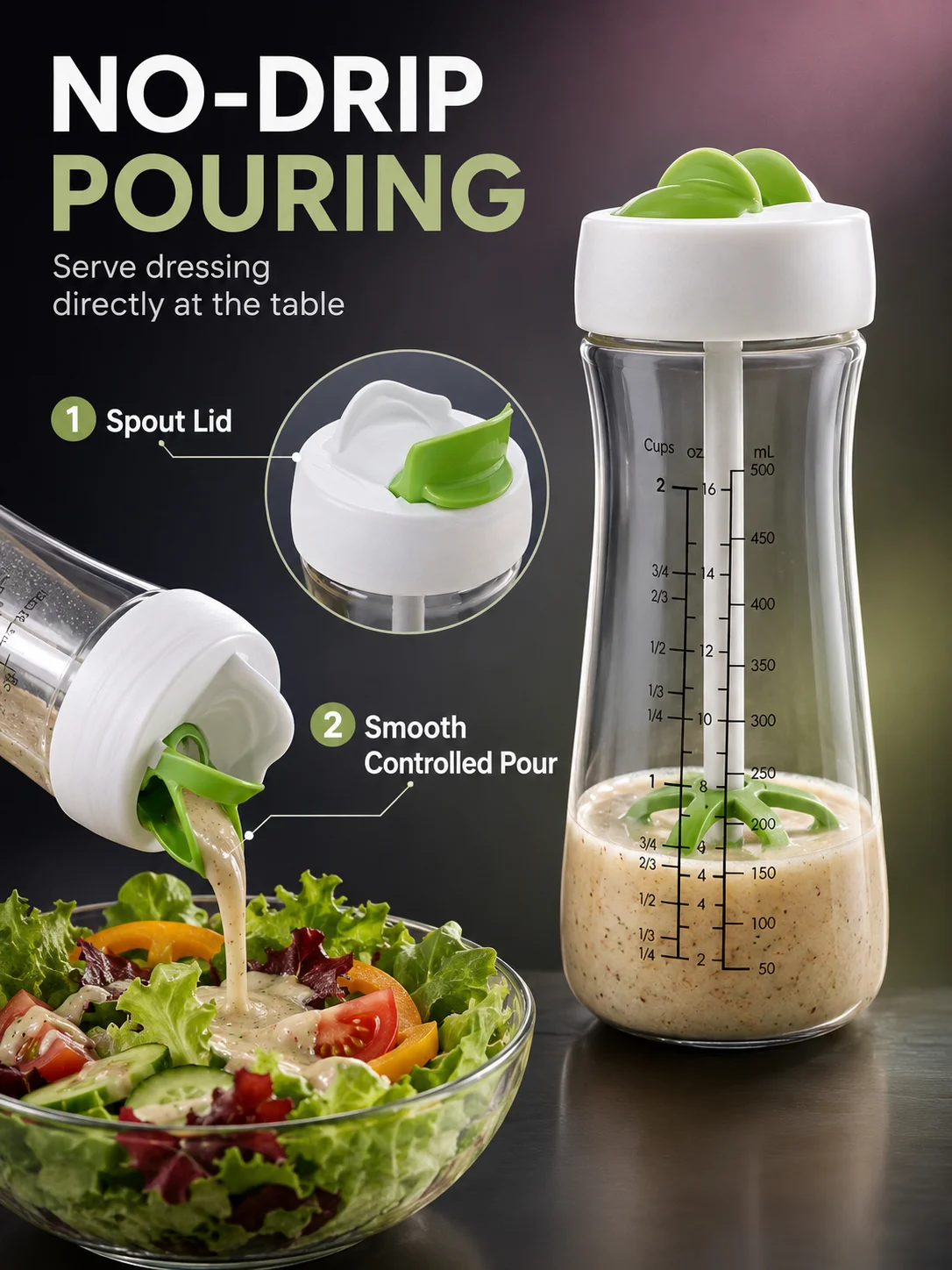 Salad Dressing Shaker Bottle with Scale, ABS Material, Handheld Mixer, Dishwasher Not Safe