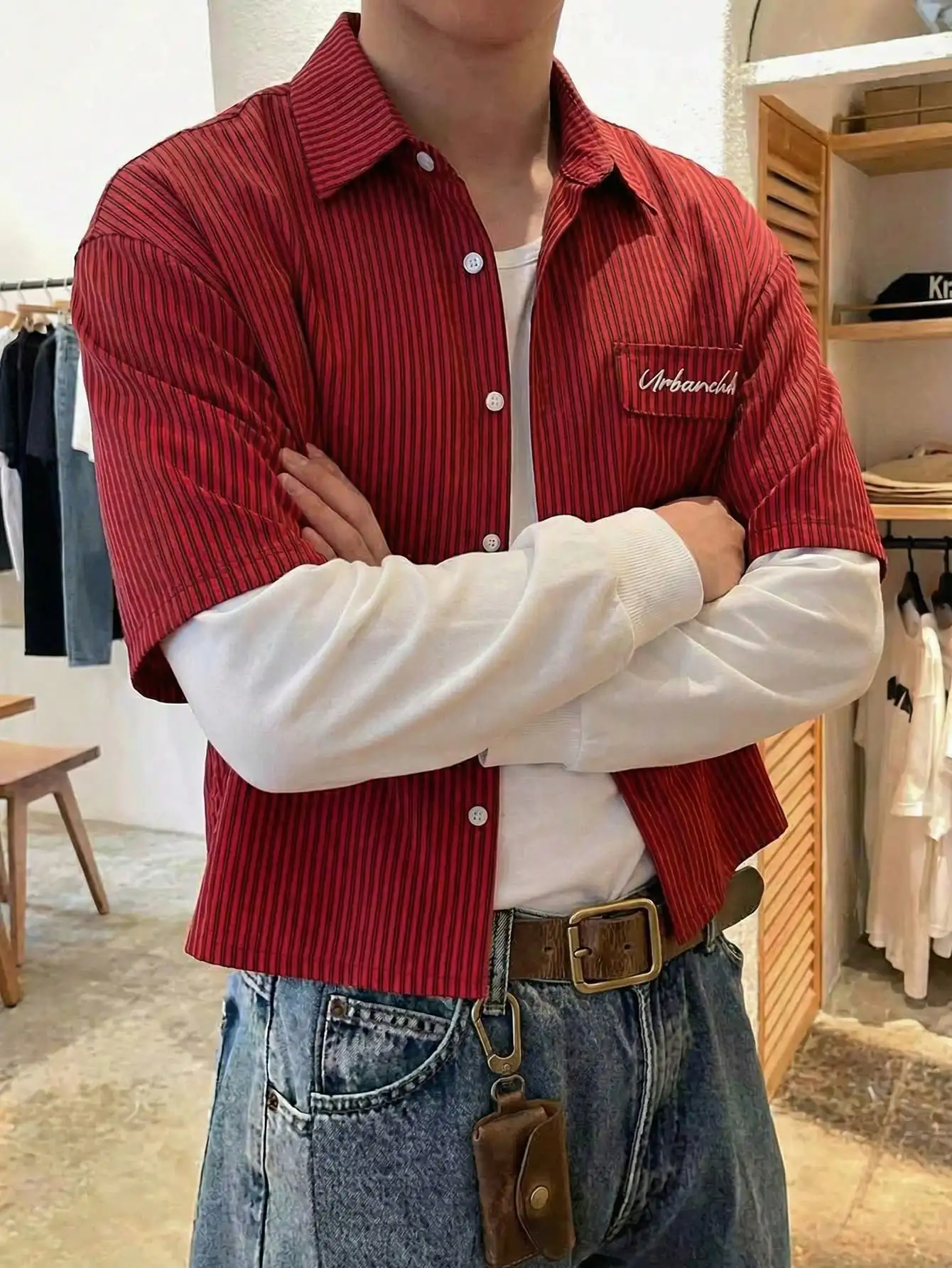 

Red Striped Short-Sleeve Button-Up Shirt with Embroidered Pocket Detail