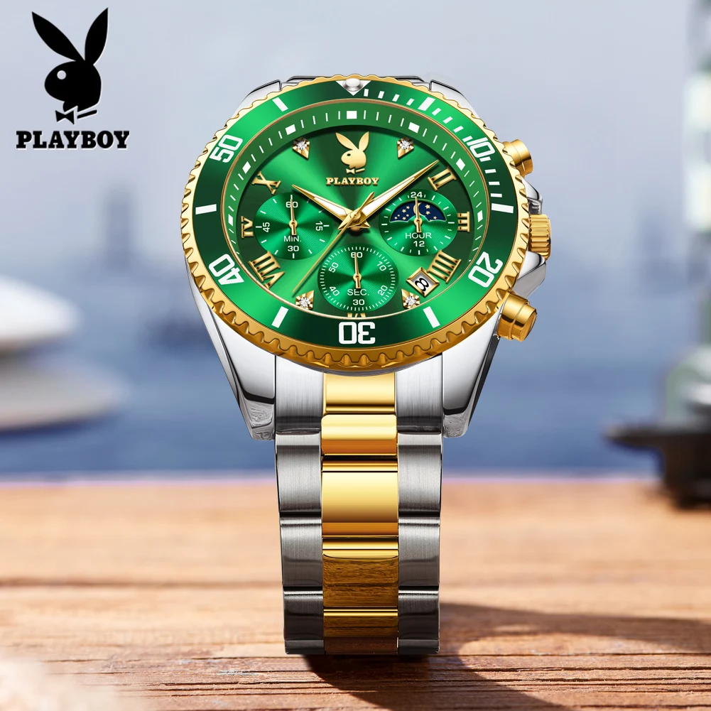 PLAYBOY 3506 Men Watches Original Multifunctional Quartz Wristwatch Waterproof Luminous Moon Phase Watches For Man Gifts