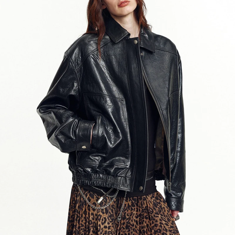 A-level Sheepskin Casual Women's Real Leather Jacket Coats 2026 Fall Winter Retro Oil Wax Leather Female Loose Lambskin Jackets