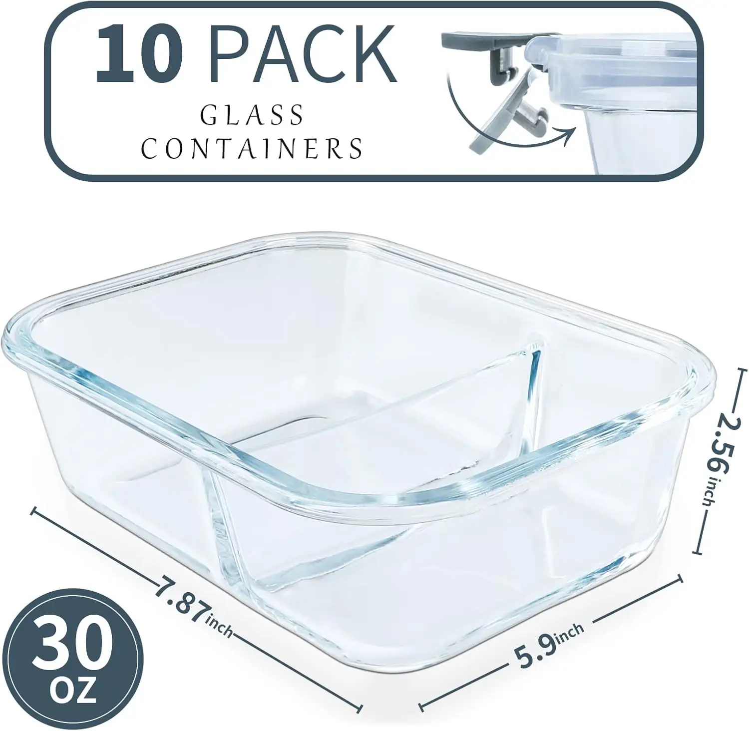 KOMUEE 10 Packs 30oz Glass Meal Prep Containers 2 Compartments,Glass Food Storage Containers with Lids,Airtight Lunch Bento