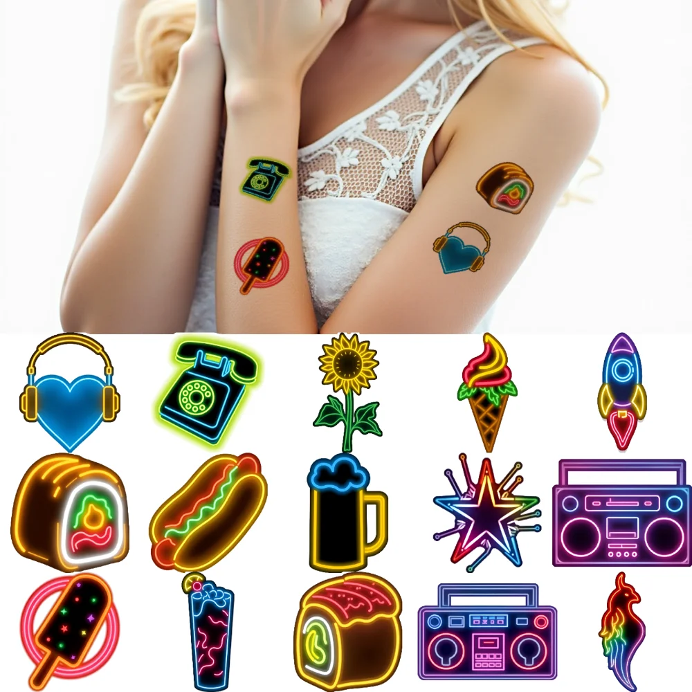 

63pcs Temporary Tattoo Cute Icons Waterproof Long-lasting Body Stickers Neon Decals Decorative Stickers Neon Light For Arms