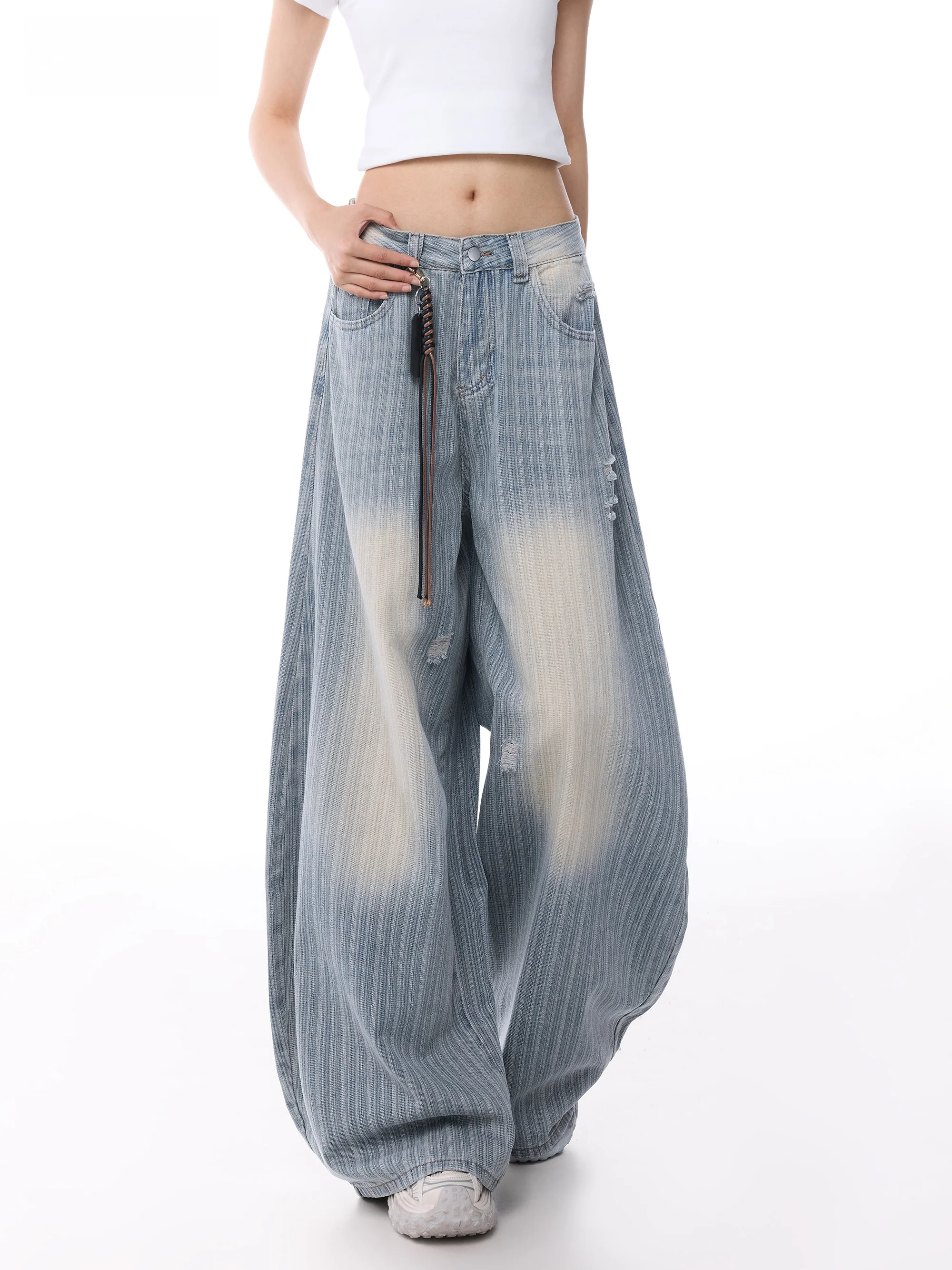 

Washed Casual Wide Leg Jeans Women Summer Thin Striped Loose Fit Trousers E.D.X Brand Denim Pants High Waist Zipper Closure