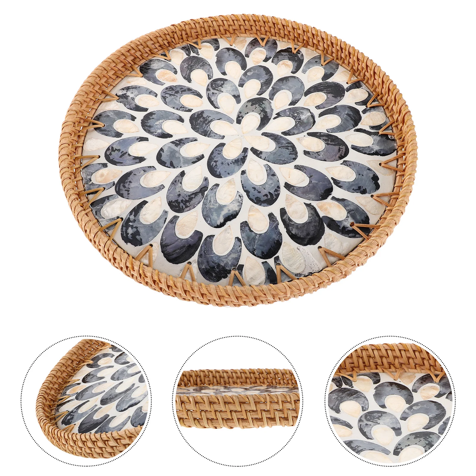 Handgefertigtes Rattan-Tablett, buntes Muscheleinlage, gewebtes Serviertablett für Obst, Brot, Couchtisch, Dekor, Obst-Arbeitsplattenkorb